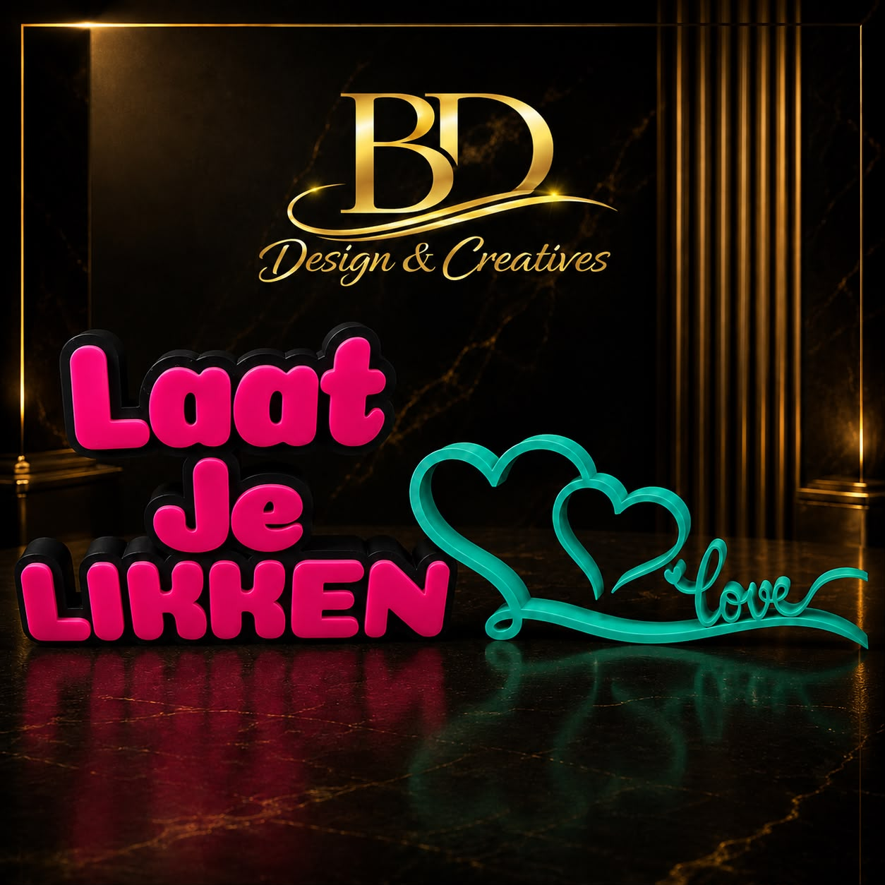3D-geprinte belettering en hartjesfiguur van BD Design & Creatives
