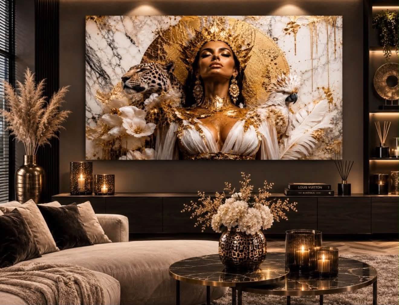 Plexiglas-wanddecoratie in goud en marmer met een luipaard en een witte kaketoe, in een woonkamer